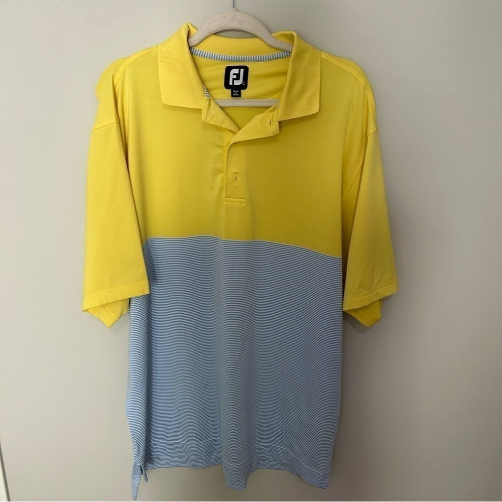 Men's FootJoy Yellow with Blue Striped Poly Stretch Golf Polo Large